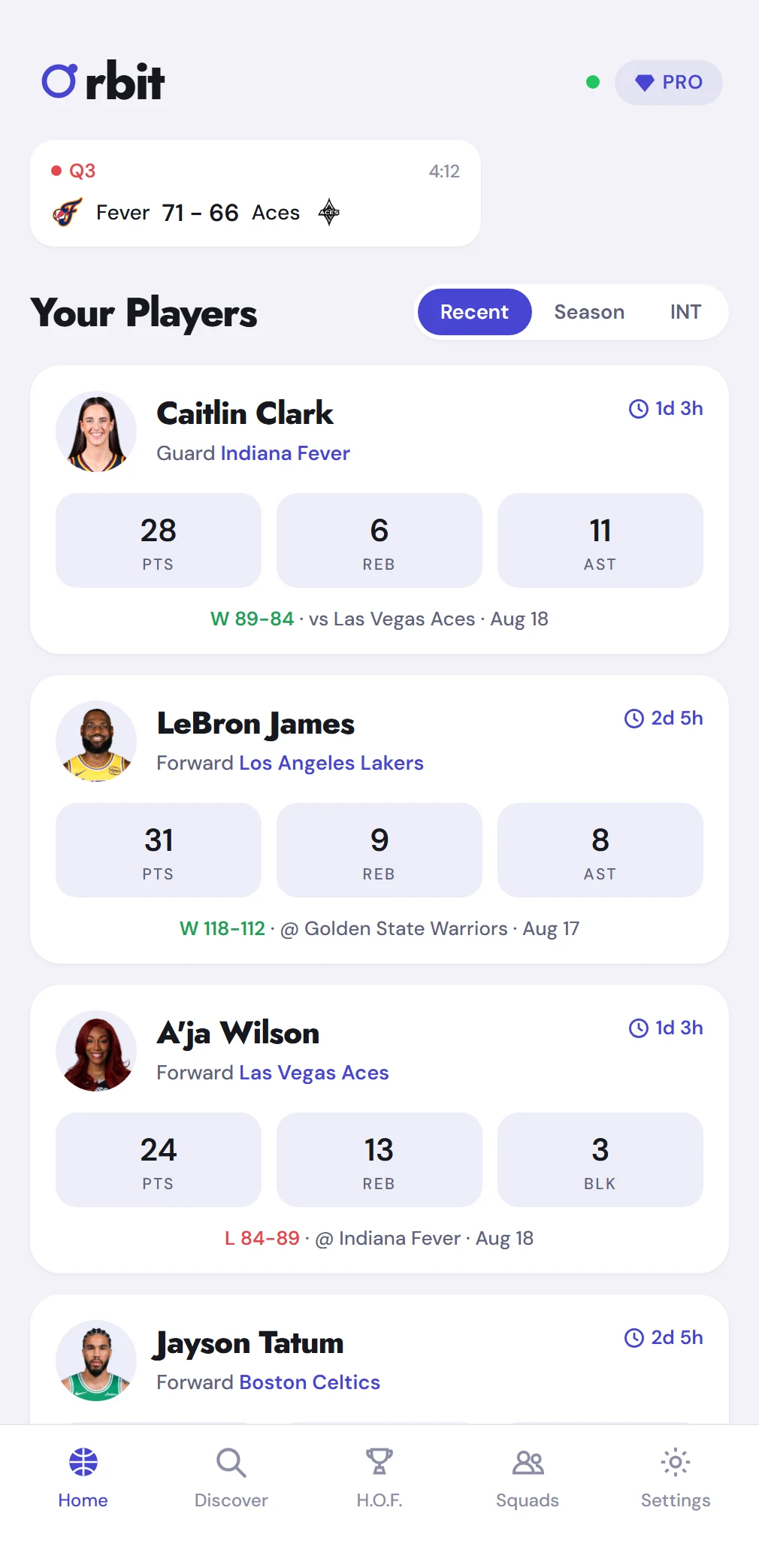 Orbit home screen following NBA and WNBA players, with a live game ticker